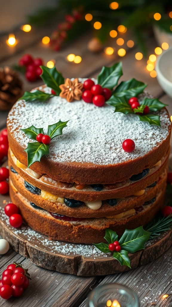 A festive Christmas cake decorated with holly and berries on a wooden table with fairy lights.